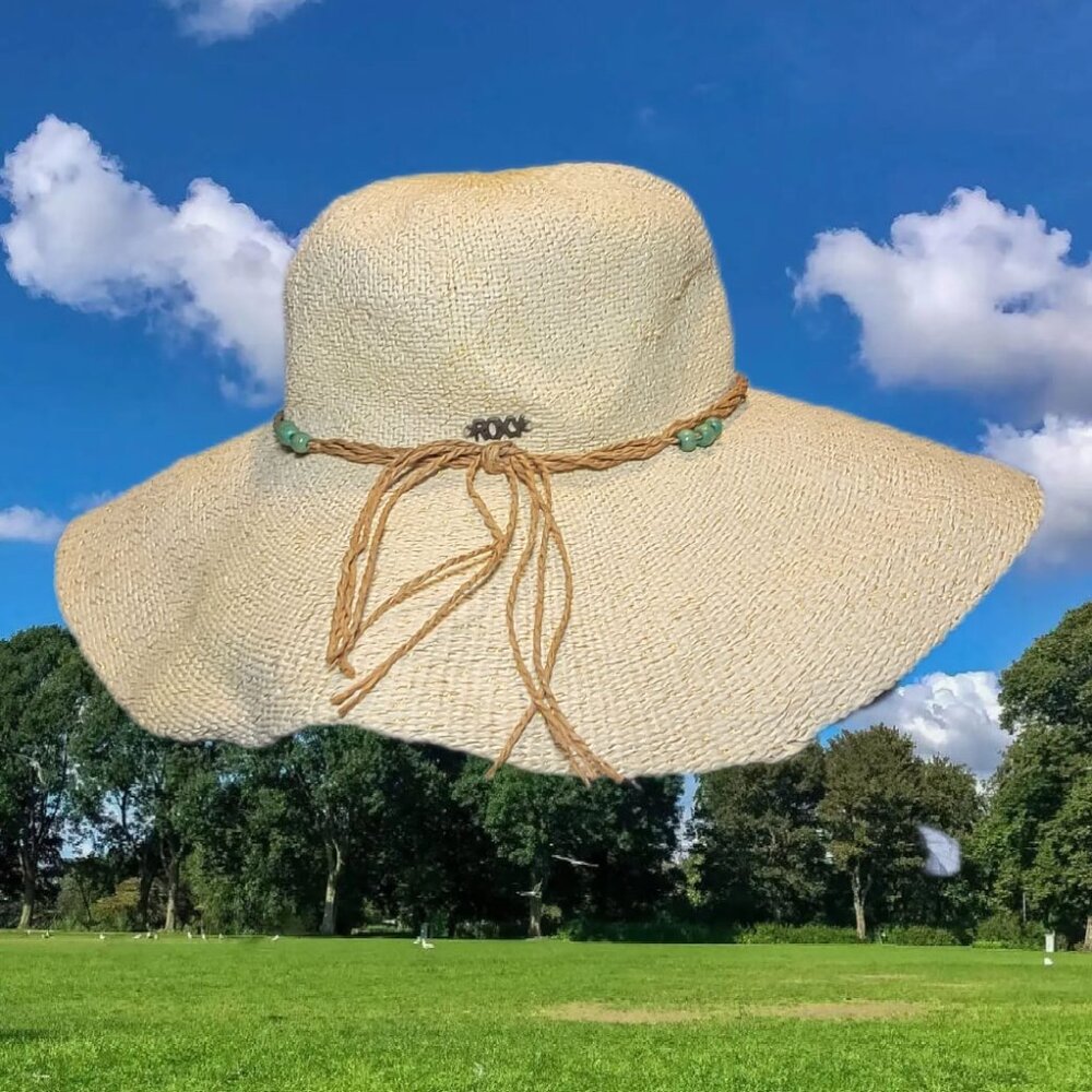 Roxy Floppy Paper Straw Turquoise Braided Beaded Large Wide Brim Sun Hat